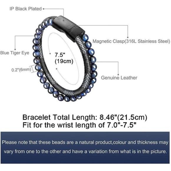 Mens Bead Leather Bracelet Natural Bead Steel + Leather Bracelet Christmas Gift - Picture 2 of 7